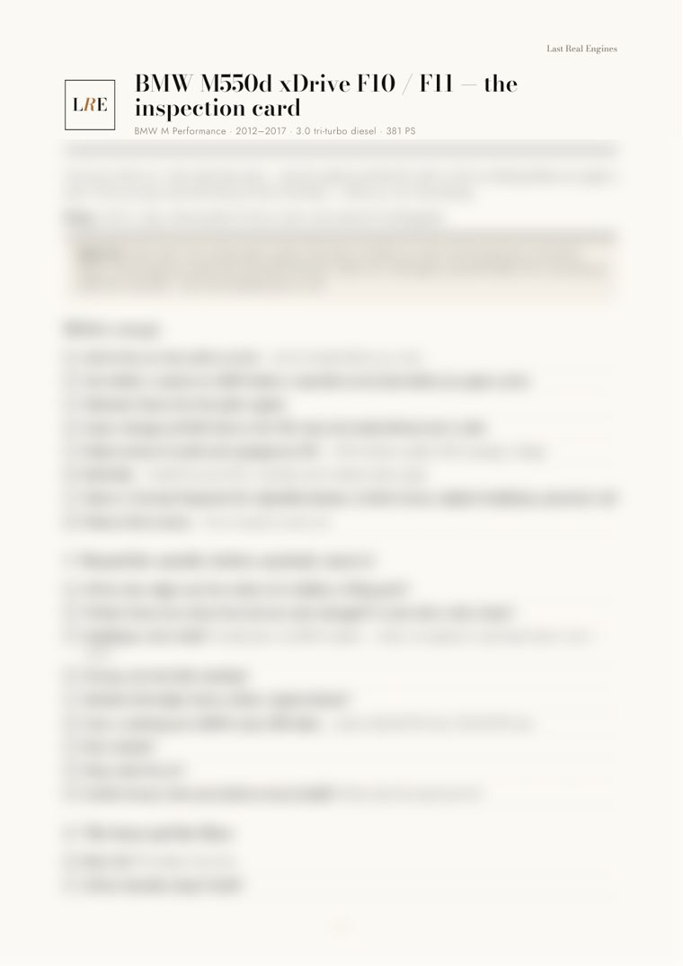 The BMW M550d xDrive F10 / F11 inspection card